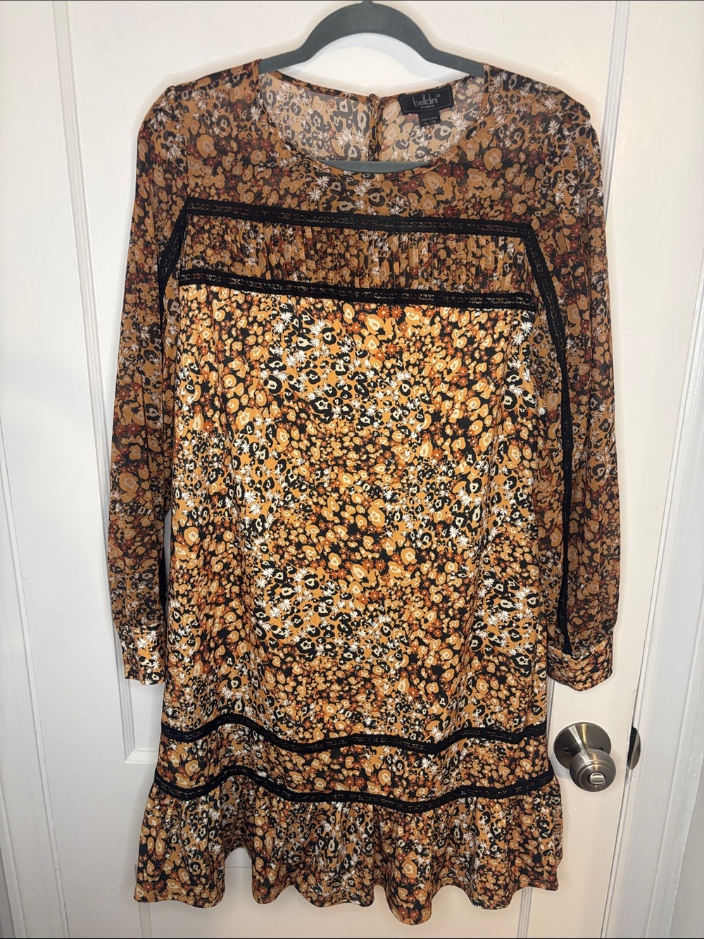 Belldini Brown and Black Floral Long-Sleeve Shift Dress